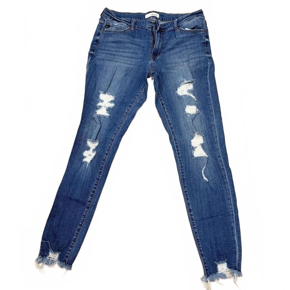 KanCan Women's Distressed Skinny Jeans Size XL Blue Denim Stretch Cotton Blend